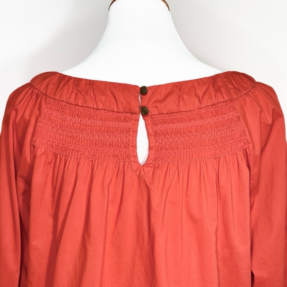 SOLD-Anthropologie Smocked Embroidered Coral Red Peasant Blouse - Picture 6 of 9